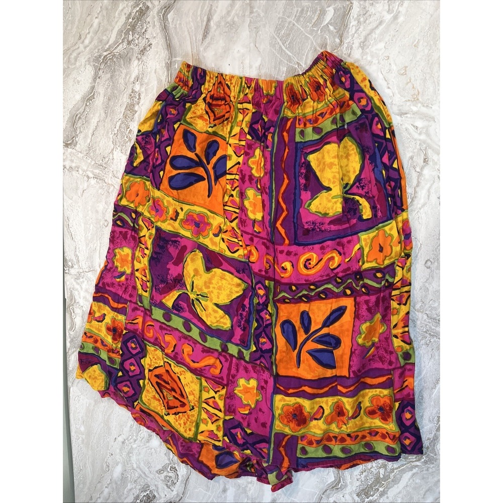Vintage 90s Floral Flowy Gathered Midi Skirt Watercolor Cotton Sz S